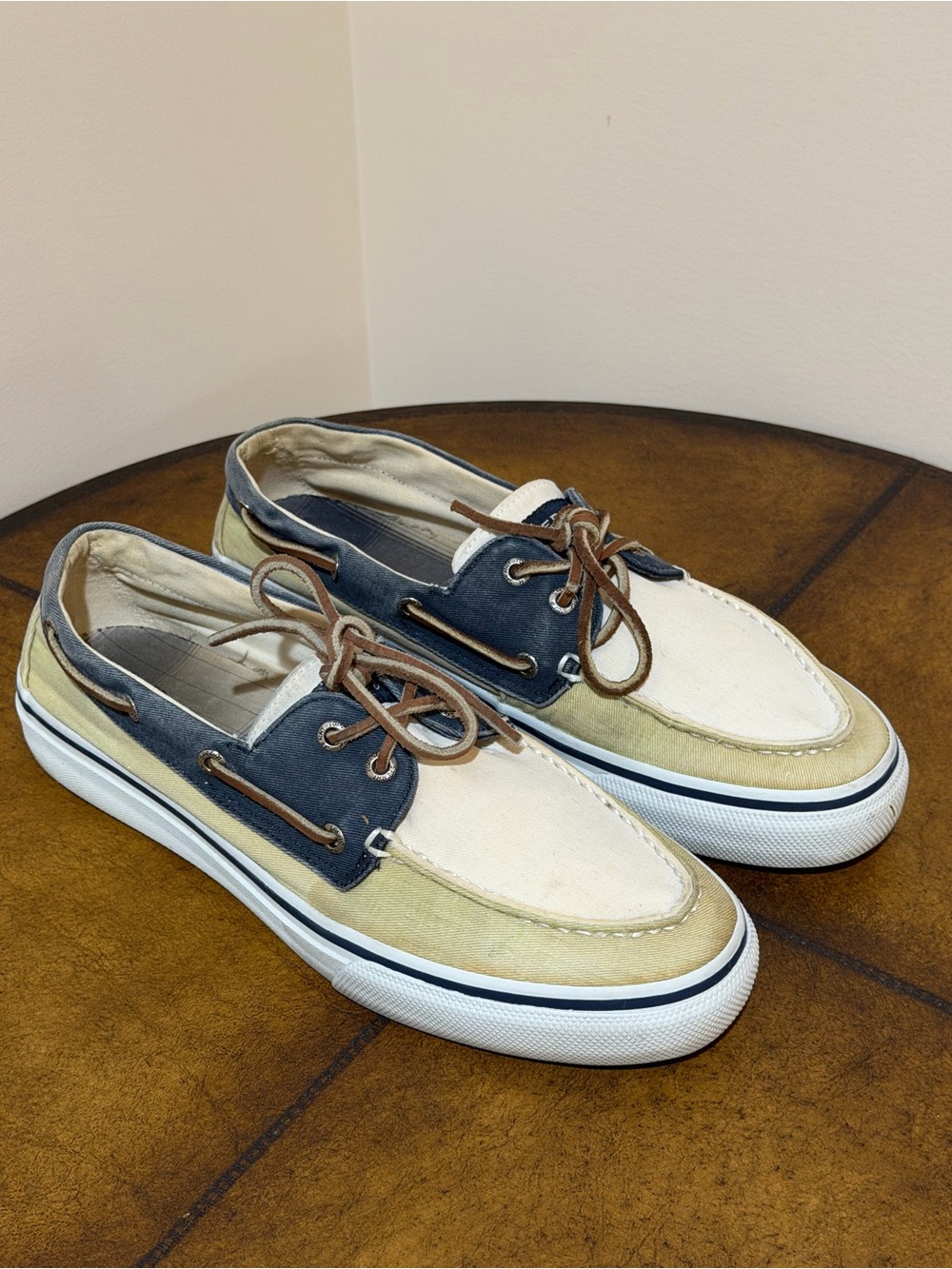 MENS SPERRY TOP SIDER CANVAS SHOES 
SIZE 10.5 TAN & BLUE STYLE # 0224212
